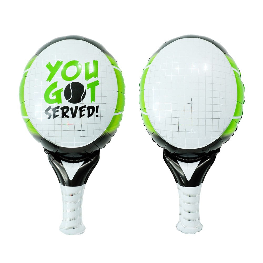 Two inflatable foil party balloons shaped like tennis rackets, shown from front and back views on a plain white background. The front balloon features a white face with green and black 'YOU GOT SERVED!' text, and the back is plain white with a subtle grid pattern.
