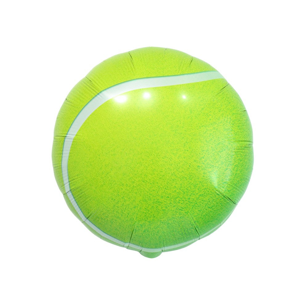 A bright lime green foil balloon shaped like a tennis ball with a white curved line, isolated on a white background.