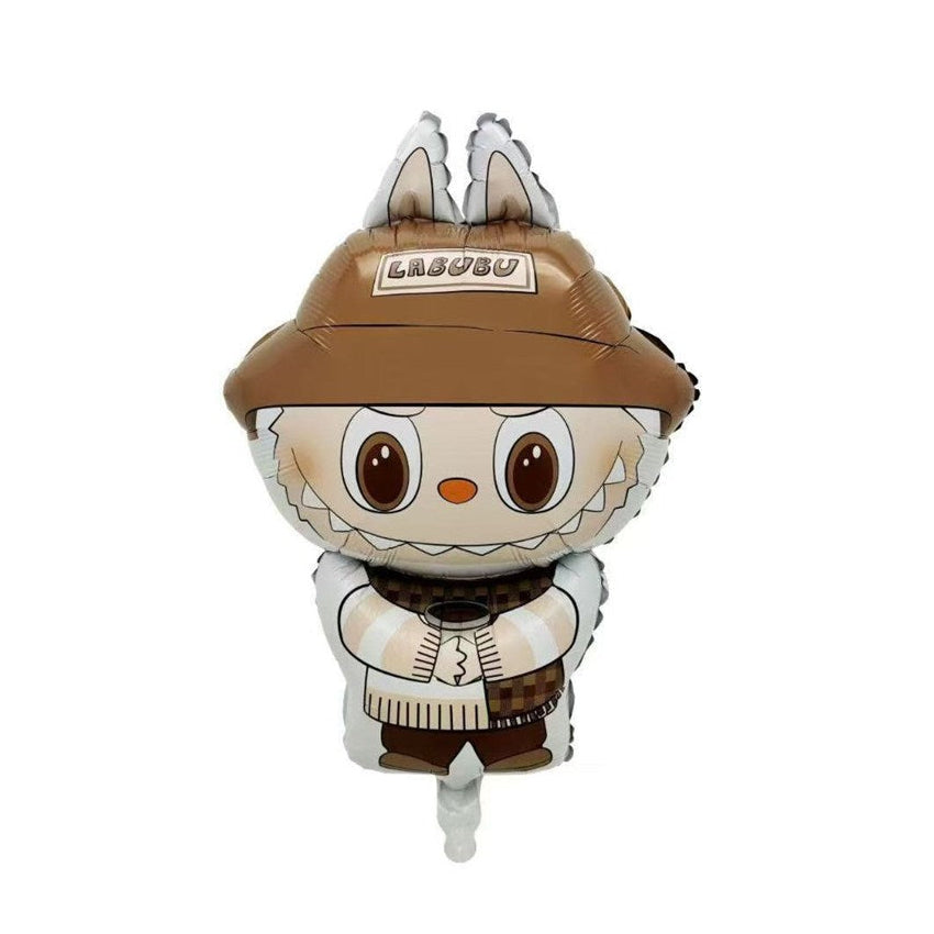 A foil balloon shaped like a cartoon character wearing a brown hat with the word 'LABBAG' on it, a white sweater, and brown pants, centered on a plain white background.