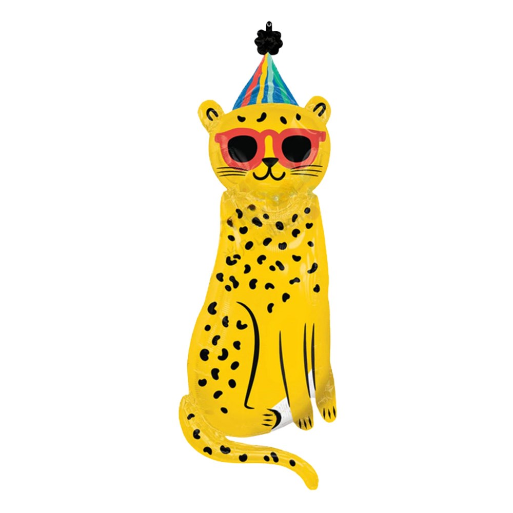 A yellow inflatable leopard decoration wearing a colorful party hat and pink sunglasses, isolated on a white background.