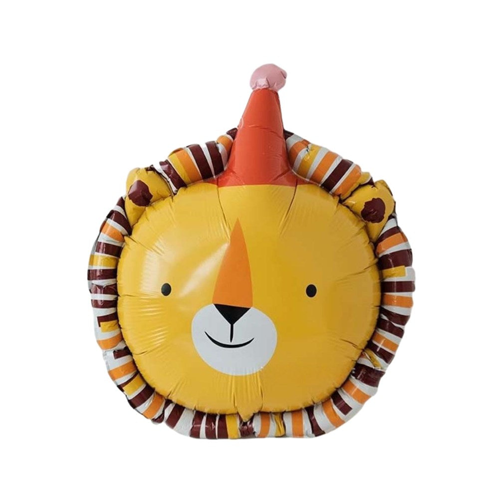 A yellow lion-shaped foil balloon with a striped brown, orange, and white mane, a pink party hat, and a cartoon face on a plain white background.