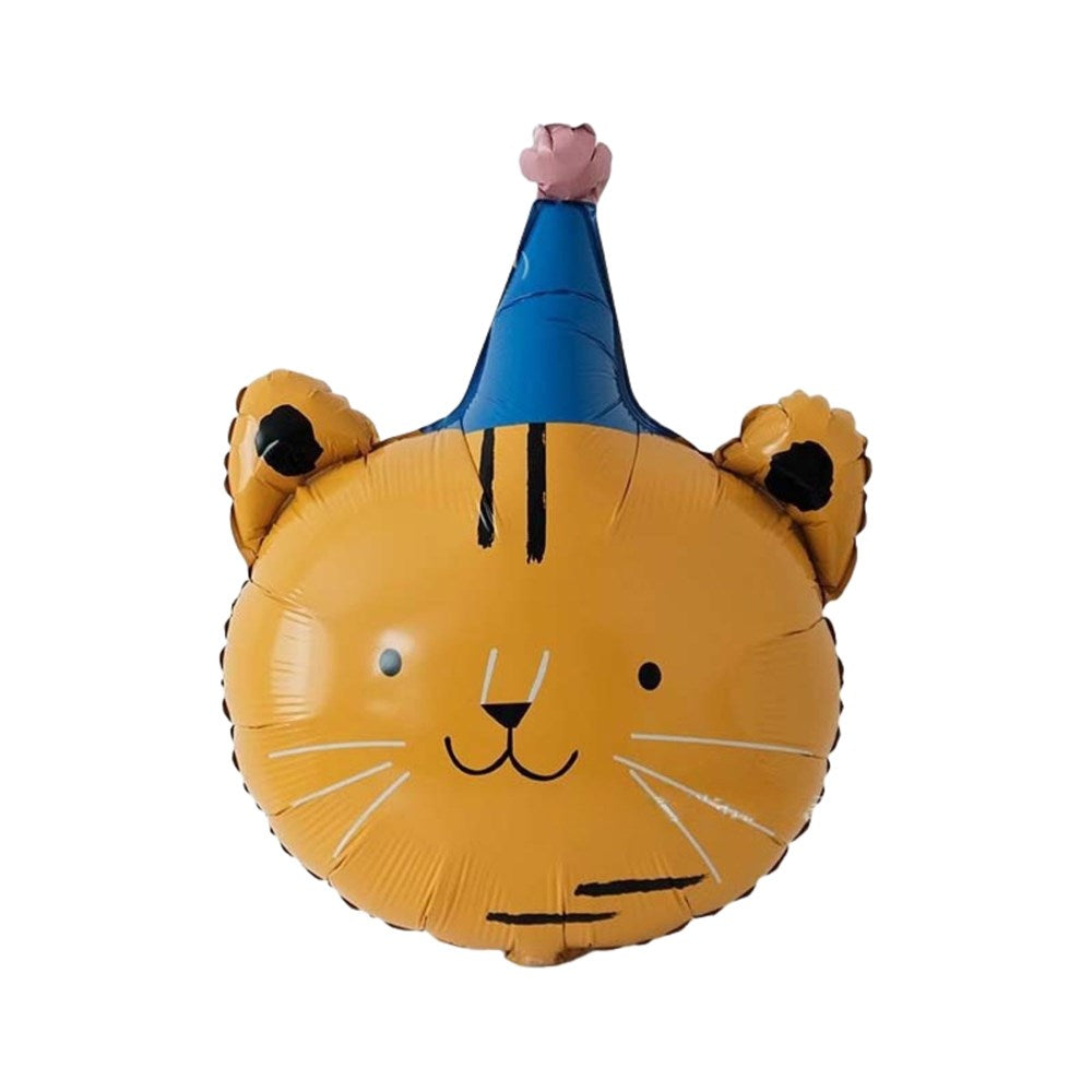 A novelty foil balloon shaped like a tiger face wearing a blue party hat, isolated on a white background.