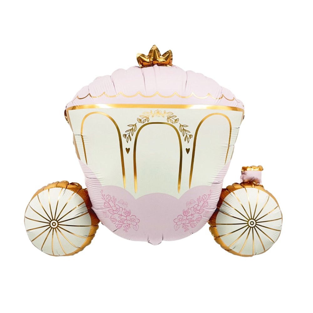 A Cinderella-style carriage-shaped foil balloon in pastel pink, cream, and gold, isolated on a white background.
