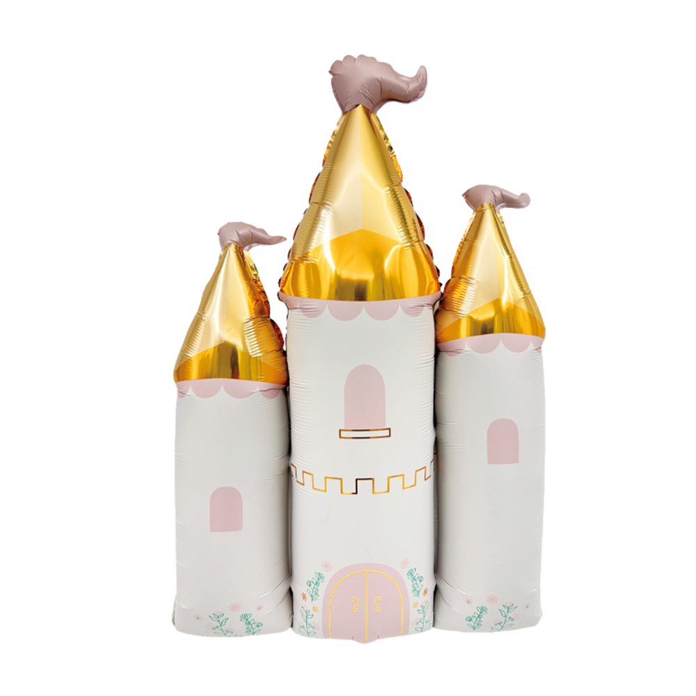 A castle-shaped foil balloon with a white body, gold metallic pointed roofs, and small pink accents, shown on a plain white background.