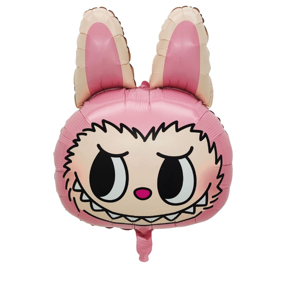 A pink foil balloon shaped like a cartoon character's head with long bunny ears, a beige face, black eyes, and a small pink nose, shown on a plain white background.