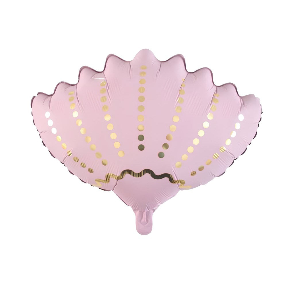A pink foil balloon shaped like a seashell, decorated with gold foil dots and lines, shown against a plain white background.