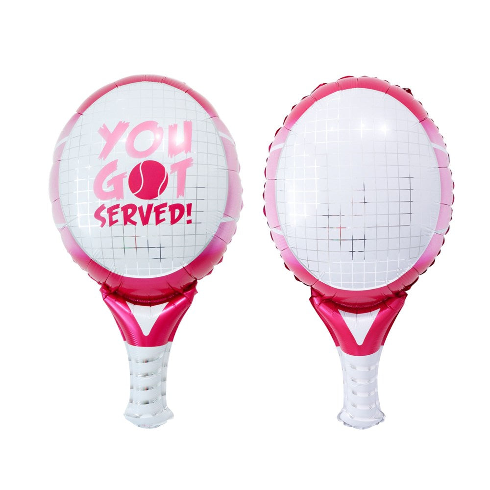 Two pink and white foil balloons shaped like tennis rackets, shown from front and back. The front balloon features the text 'YOU GOT SERVED!' with a tennis ball graphic in the center, while the back balloon is plain.
