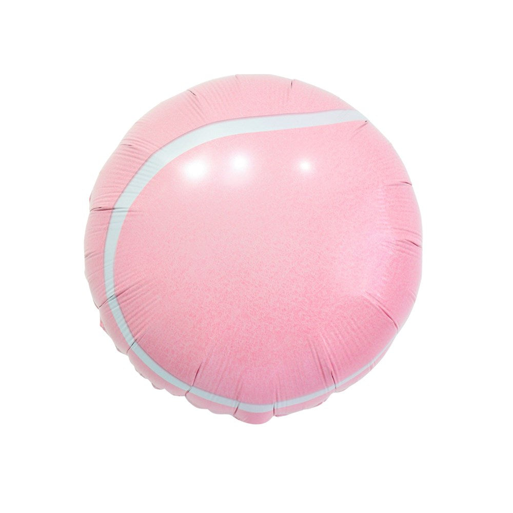 A pink foil balloon shaped like a tennis ball, featuring a light pink center and a white curved line around the middle, isolated on a white background.