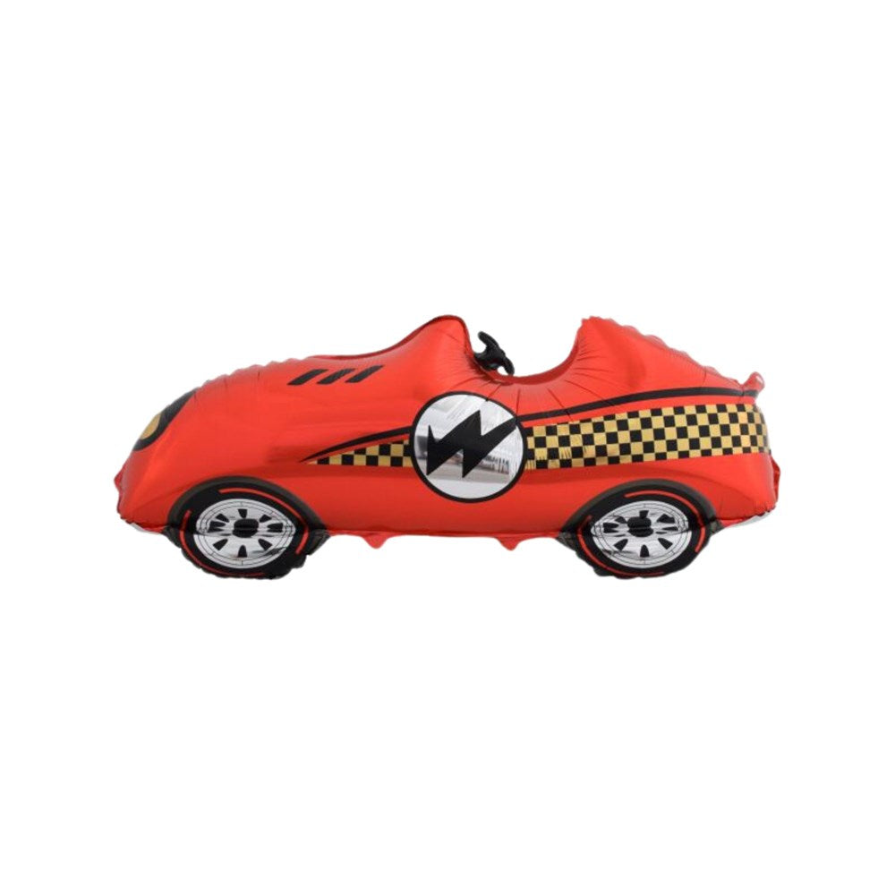 Red inflatable car with checkered pattern on a white background