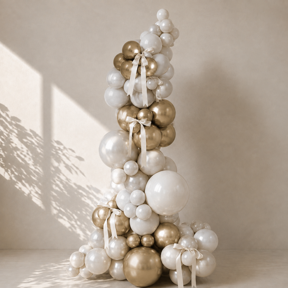 A decorative balloon garland tree arrangement made of large white, champagne gold, and metallic gold balloons tied with white satin ribbons, set against a warm beige wall with soft window shadows.