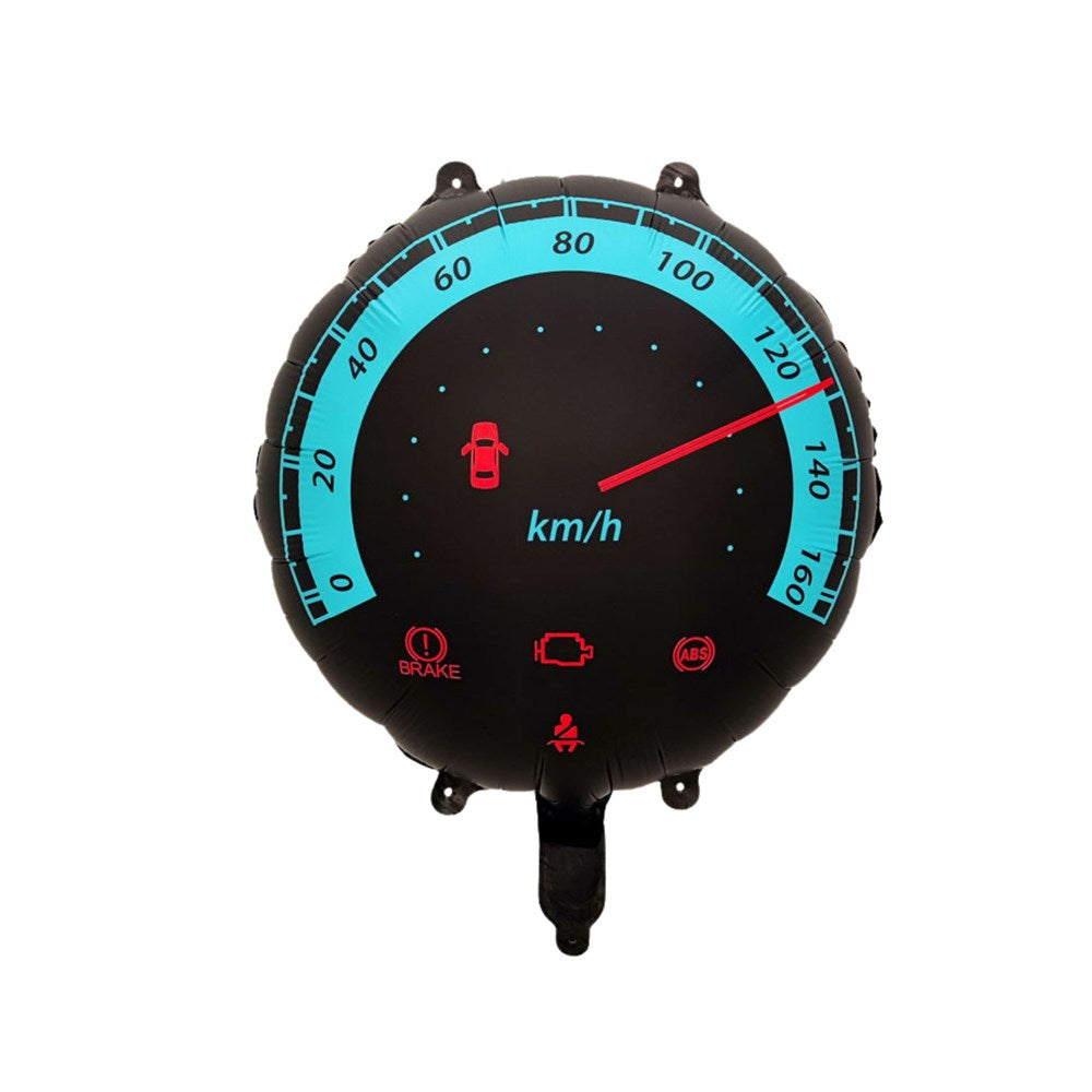 An inflatable foil balloon shaped like a car speedometer gauge, featuring a black face with a bright cyan speed scale, a red needle, and red dashboard warning icons on a white background.