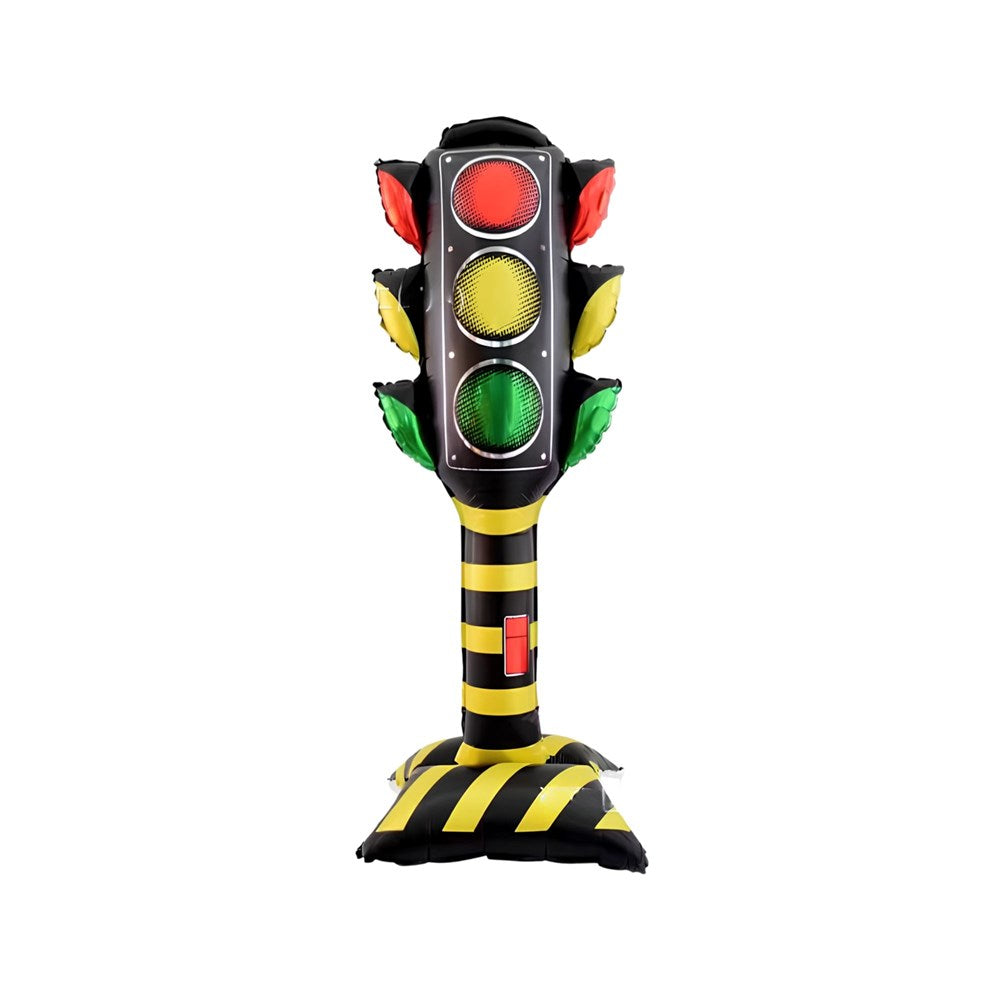 Inflatable toy traffic light with red, yellow, and green lights on a black and yellow striped pole and base, isolated on a white background.