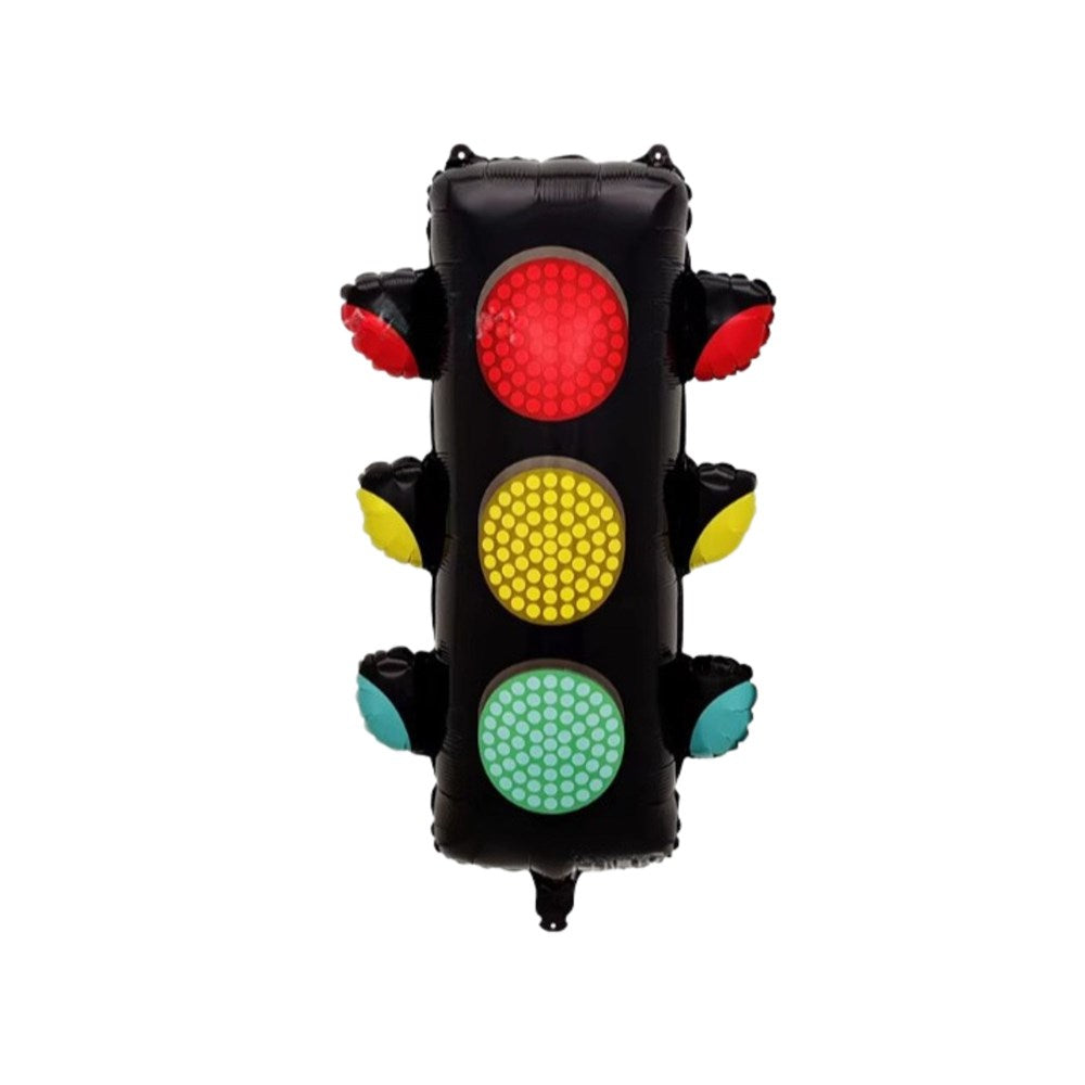 An inflatable black traffic light toy with red, yellow, green, and blue signal lights, isolated on a white background.