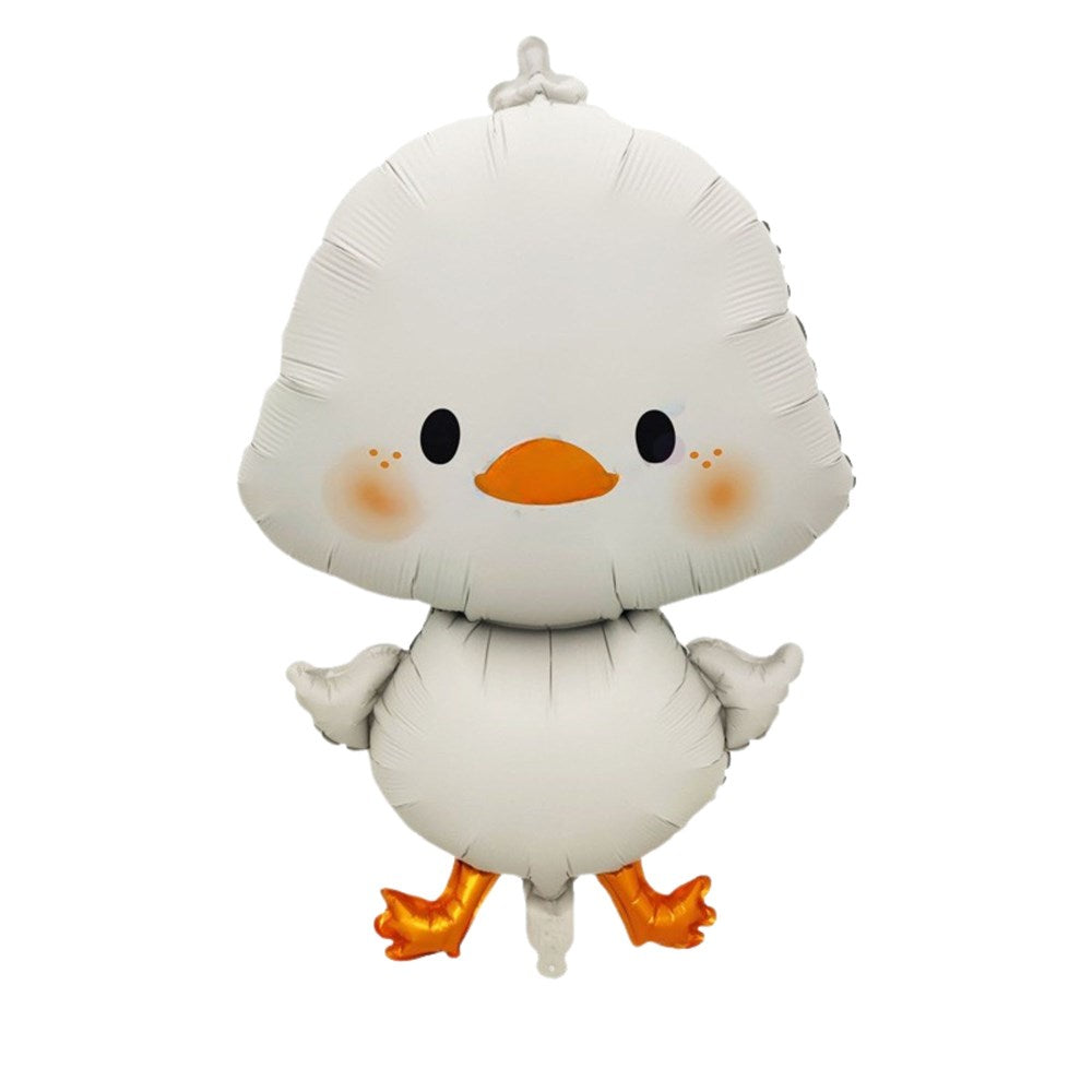 A white foil balloon shaped like a cute cartoon duckling with an orange beak and feet, black eyes, and pinkish-orange rosy cheeks, isolated on a white background.