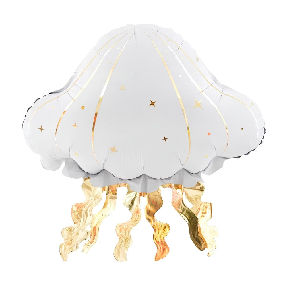 A jellyfish-shaped foil balloon in white with gold star details and wavy gold tentacles, isolated on a white background.