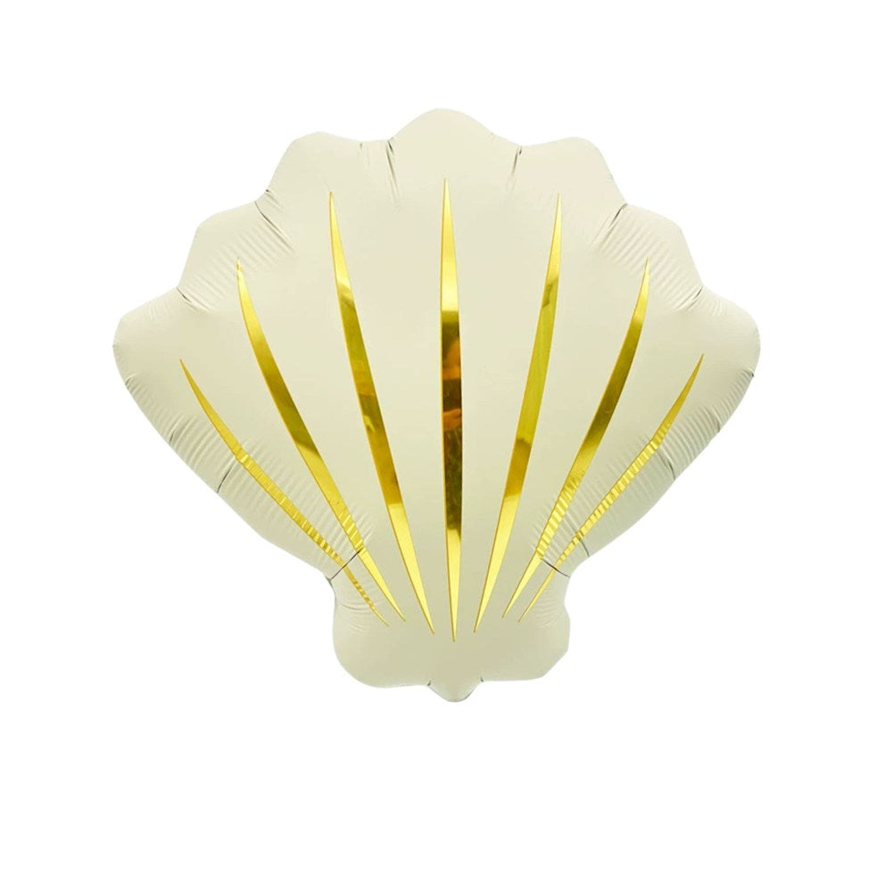 A metallic gold foil balloon shaped like a seashell, centered on a solid white background.