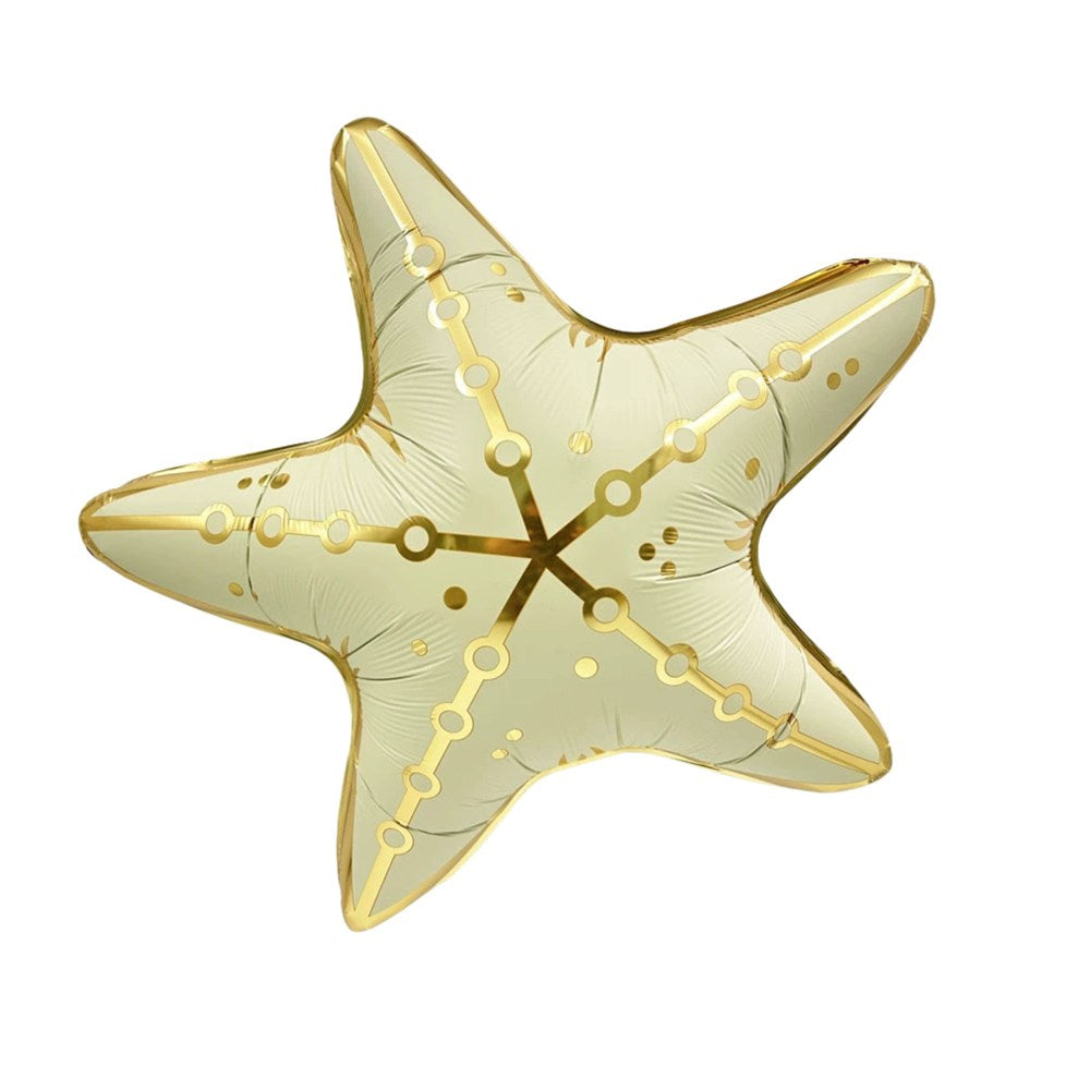 A single starfish-shaped foil balloon in pale yellow with metallic gold lines and dots, isolated on a white background.