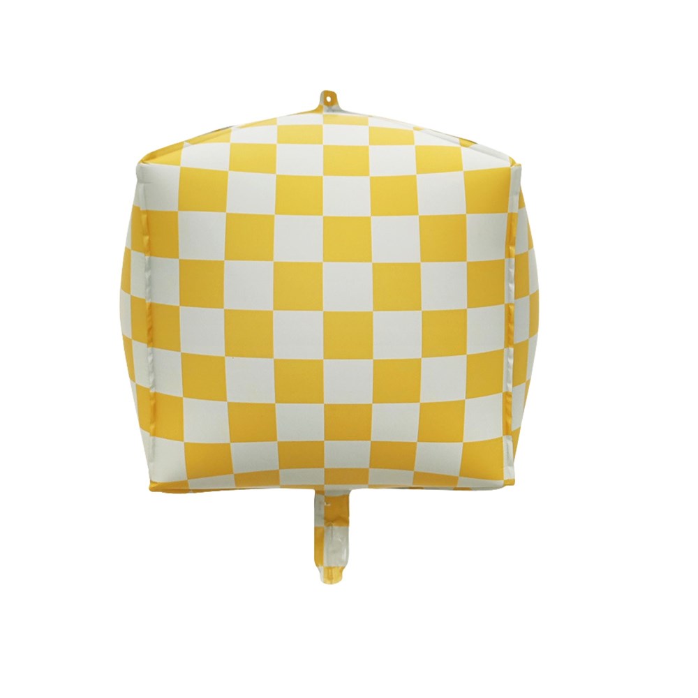A square-shaped inflatable balloon or float featuring a yellow and white checkerboard pattern, shown against a plain white background.