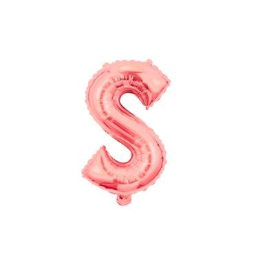 A metallic rose gold foil balloon in the shape of the letter S.