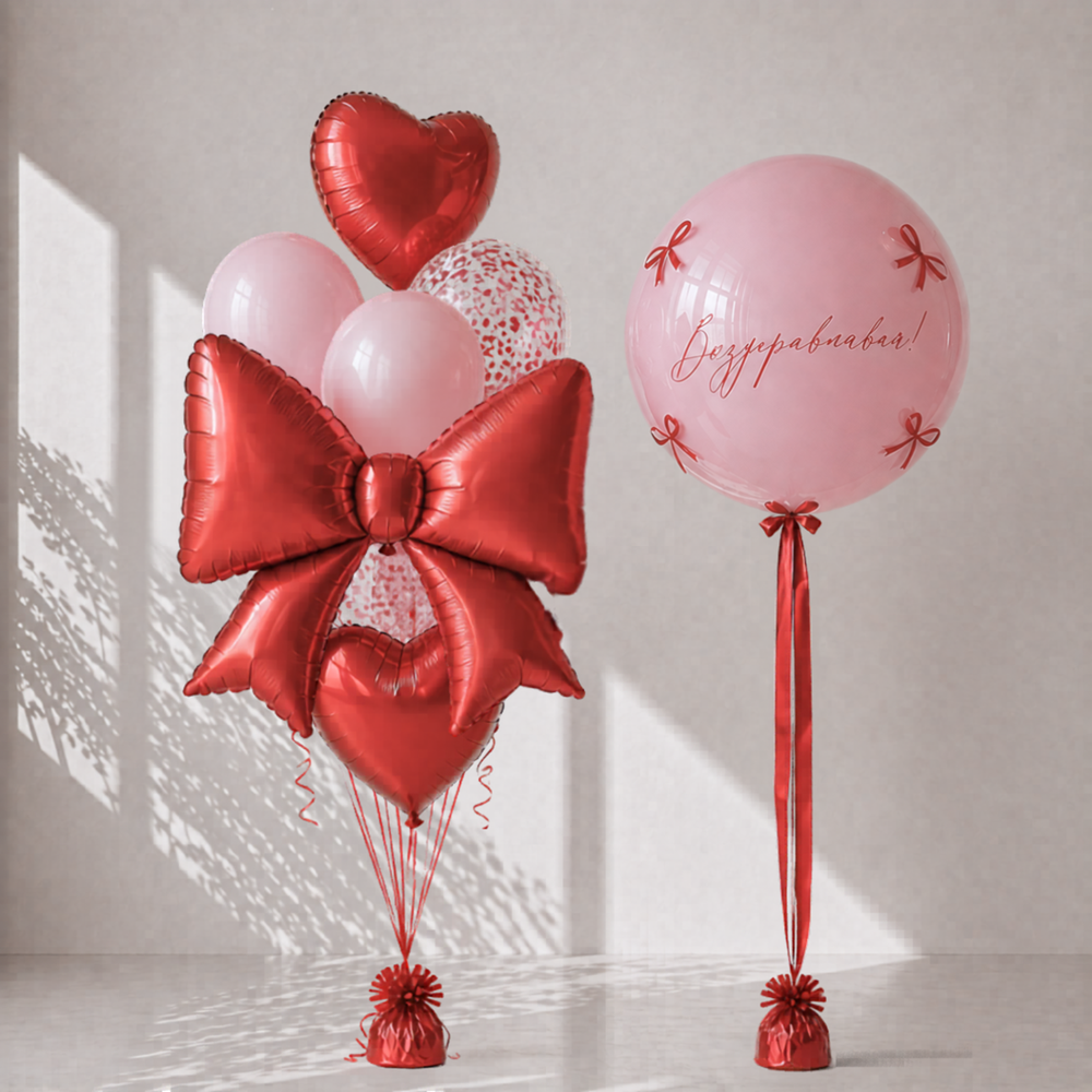 Decorative balloons with red bows and heart shapes on a light background