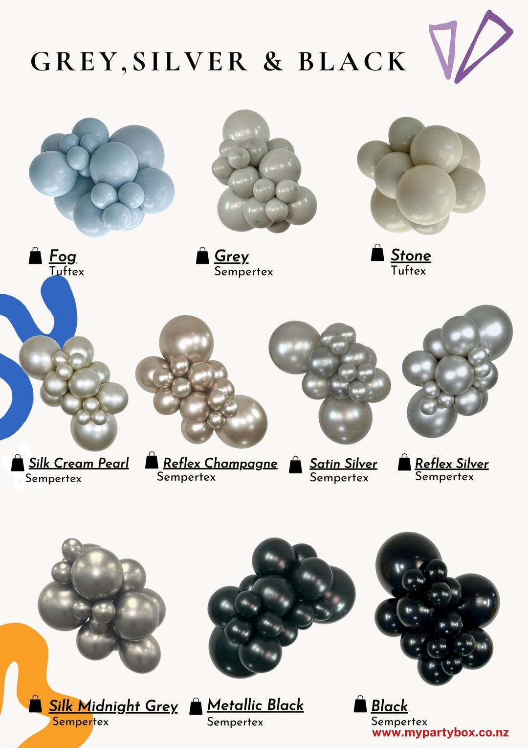 Grey, Silver & Black Latex Balloon Cluster Sample from Sempertex / Tuftex / Kalisan