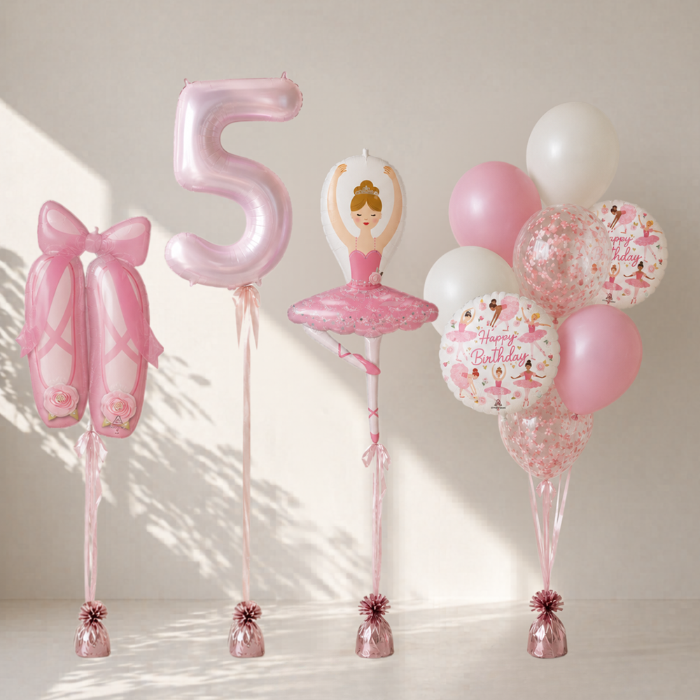 Pink balloons shaped like ballet shoes, number 5, and a ballerina with additional balloons on a light background
