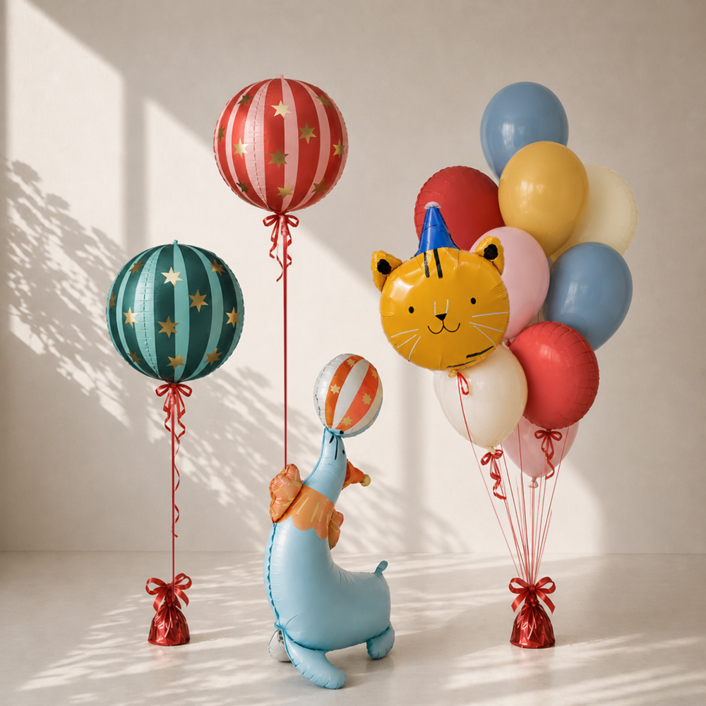Colorful balloons with a cat-shaped balloon and a blue elephant toy on a light background