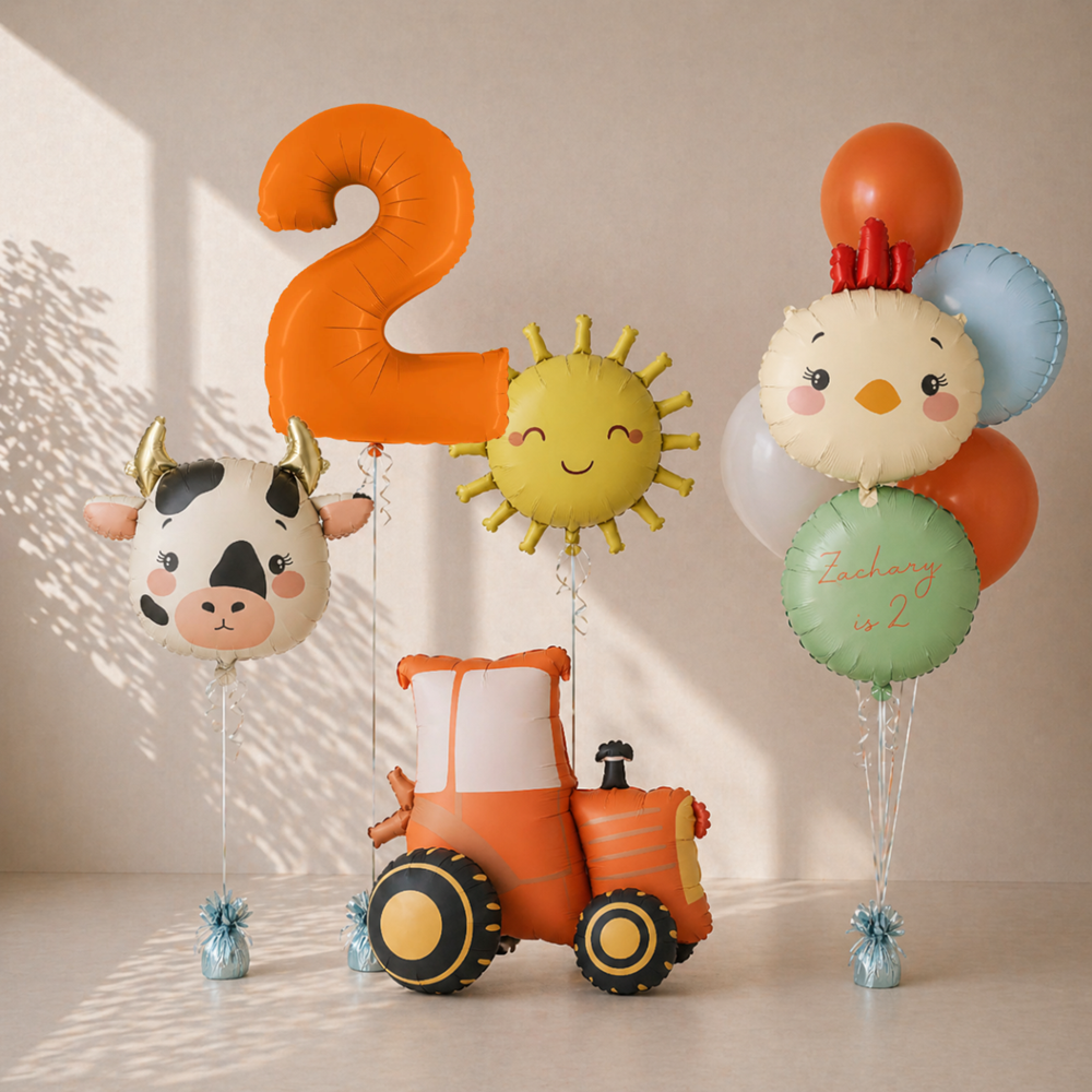 Set of colorful balloons shaped like a cow, number 2, sun, and chicken with a tractor on a neutral background.
