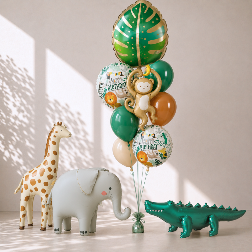 Balloon bouquet with jungle-themed decorations including balloons, a giraffe, elephant, and crocodile on a light background.