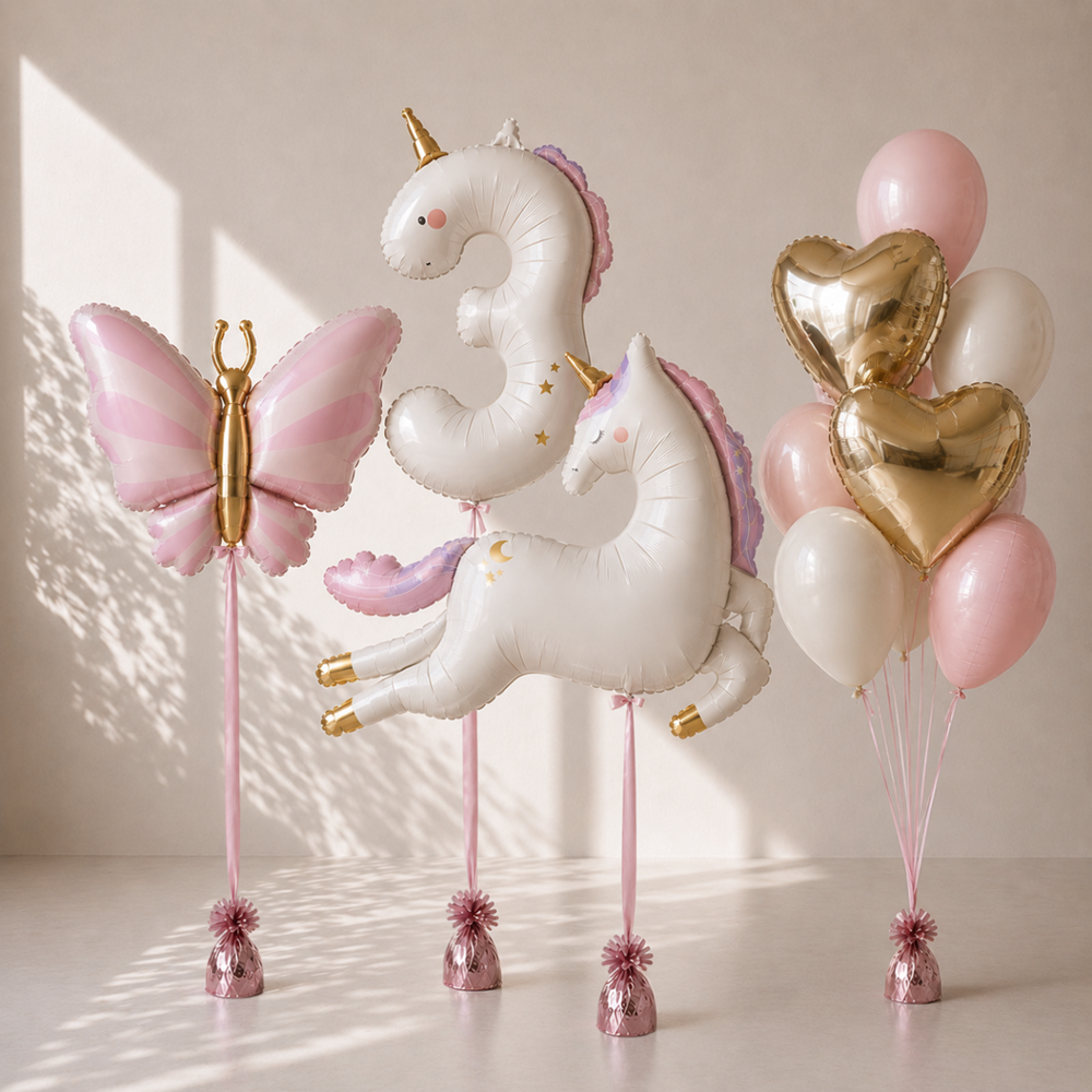 Unicorn-shaped balloon with number 2 and butterfly wings, surrounded by heart-shaped balloons on a light background.