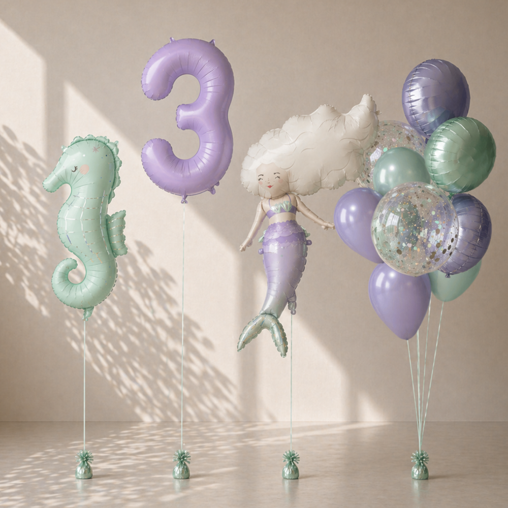 Mermaid-shaped balloon with number 3 and seahorse balloon on a neutral background