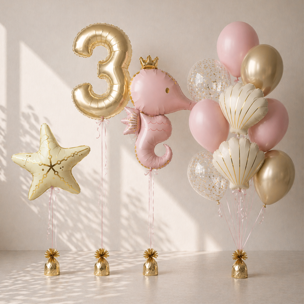 Decorative balloons including a gold number 3, pink elephant, and various shapes on a neutral background.