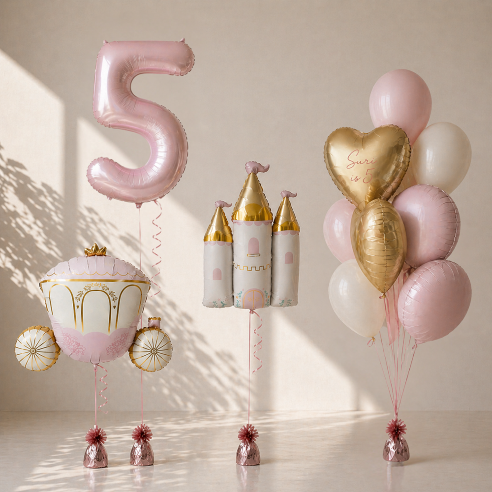 Decorative balloons including a large pink number '5', heart-shaped gold balloon, and other themed balloons on a neutral background.