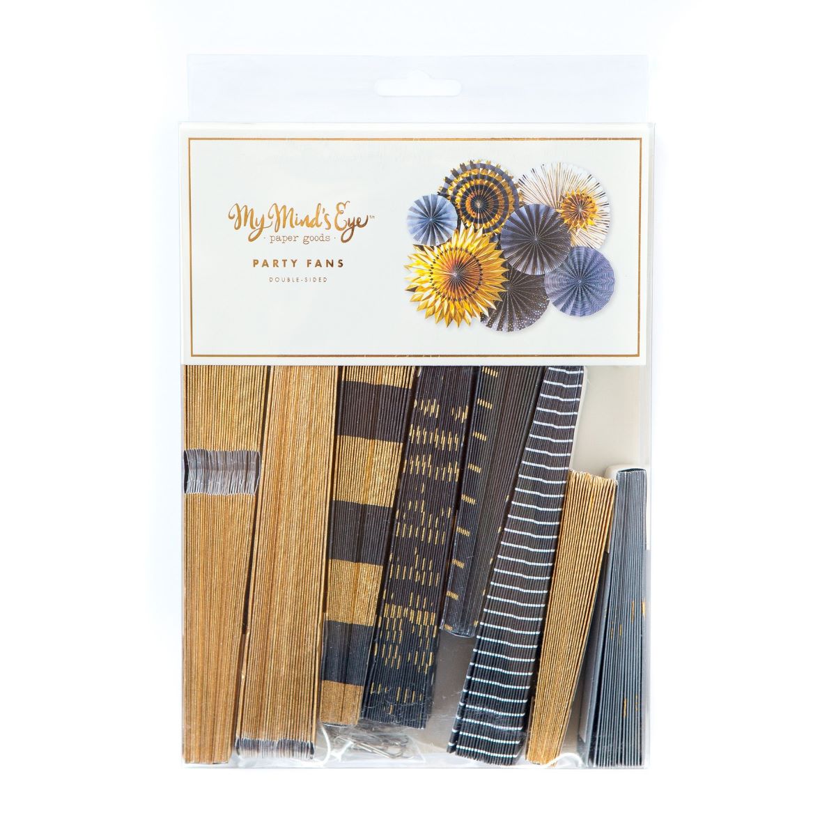 My Mind's Eye Black and Gold Party Fans Set with different shapes and colors in Package