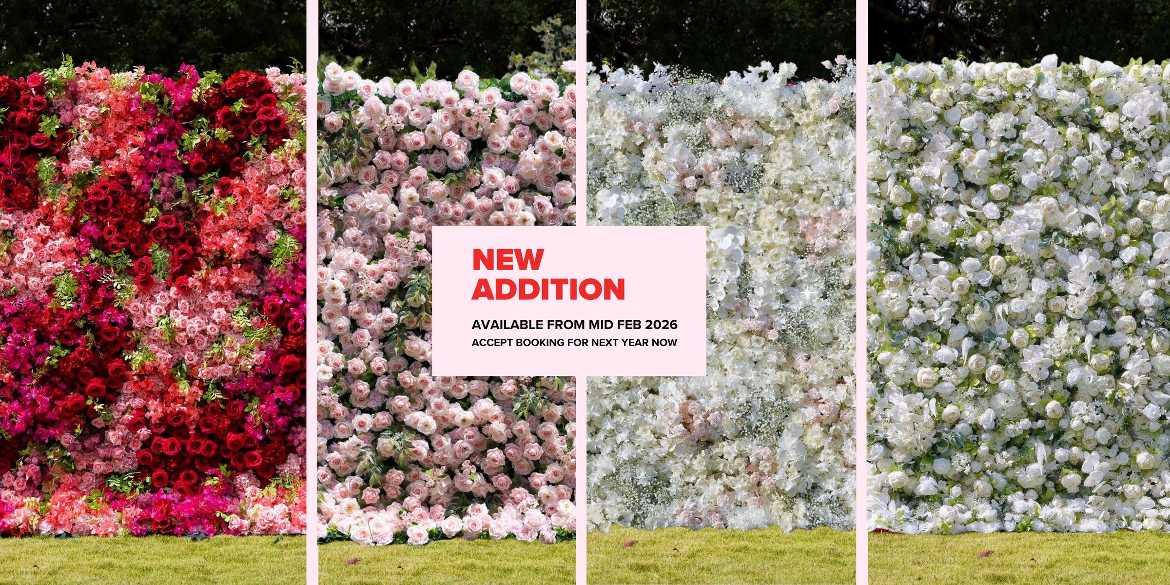 Four panels of floral walls with a 'New Addition' sign in the center.