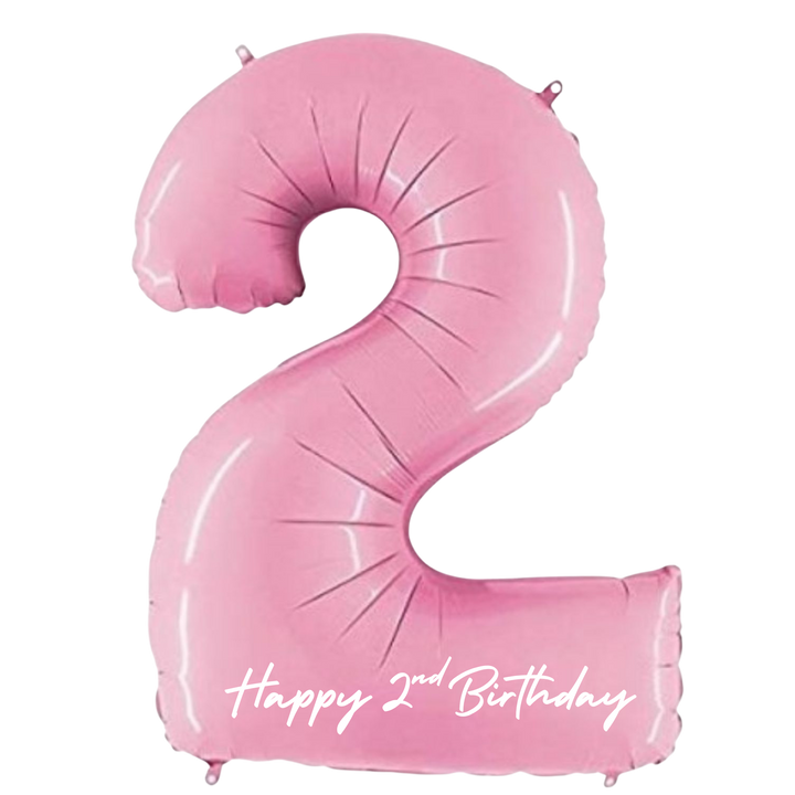 Pink number 2 balloon with 'Happy 2nd Birthday' text on a white background