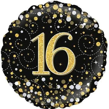 Decorative balloon with the number 16 on a black background with gold and silver dots