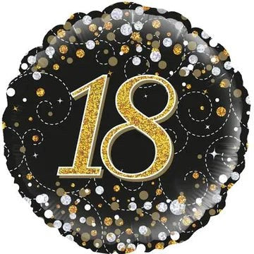 Decorative balloon with gold number '18' on a black background with confetti