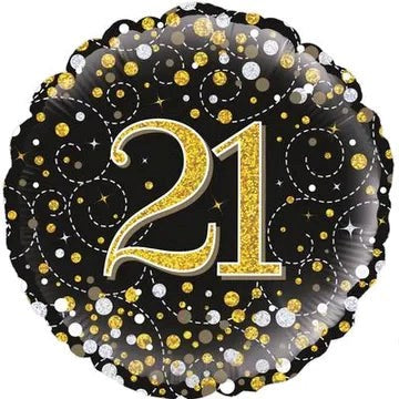 A round black foil balloon decorated with gold and silver glitter confetti, swirls, and a large glittery gold number 21 in the center.