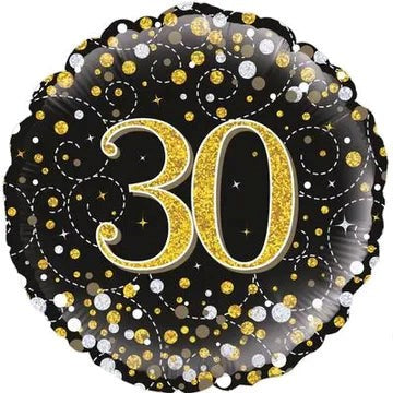 Decorative balloon with gold number '30' on a black background