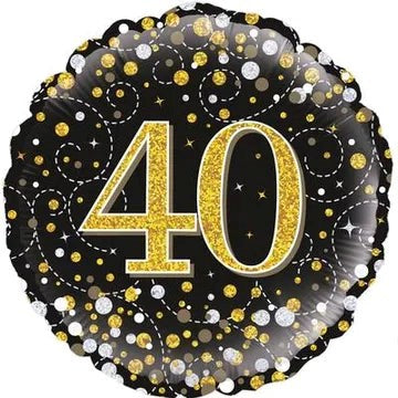 Foil balloon with gold number '40' on a black background with confetti