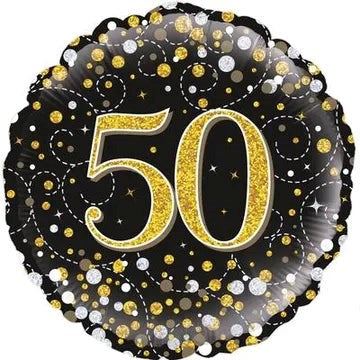Decorative balloon with gold number '50' on a black background with confetti