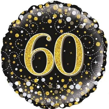 Decorative balloon with '60' in gold on a black background with confetti