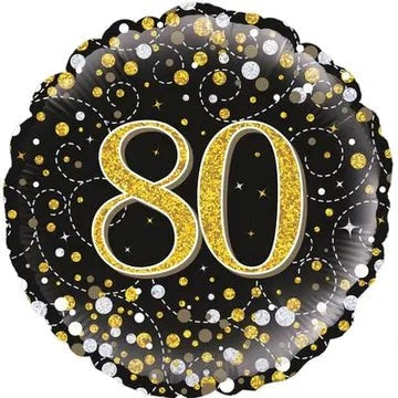 A round black foil balloon decorated with gold and silver glittery dots and swirls, featuring the number 80 in large gold glitter letters in the center.