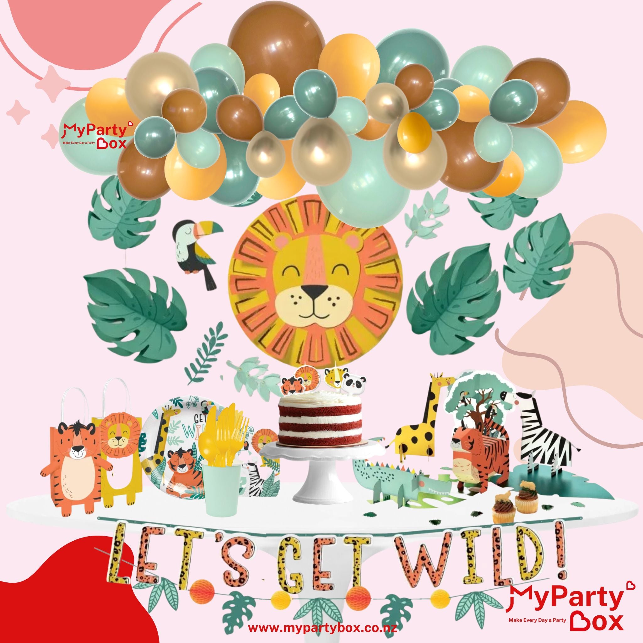 My Party Box Get Wild Jungle Party Box with Assorted Jungle theme partywares and balloon garland