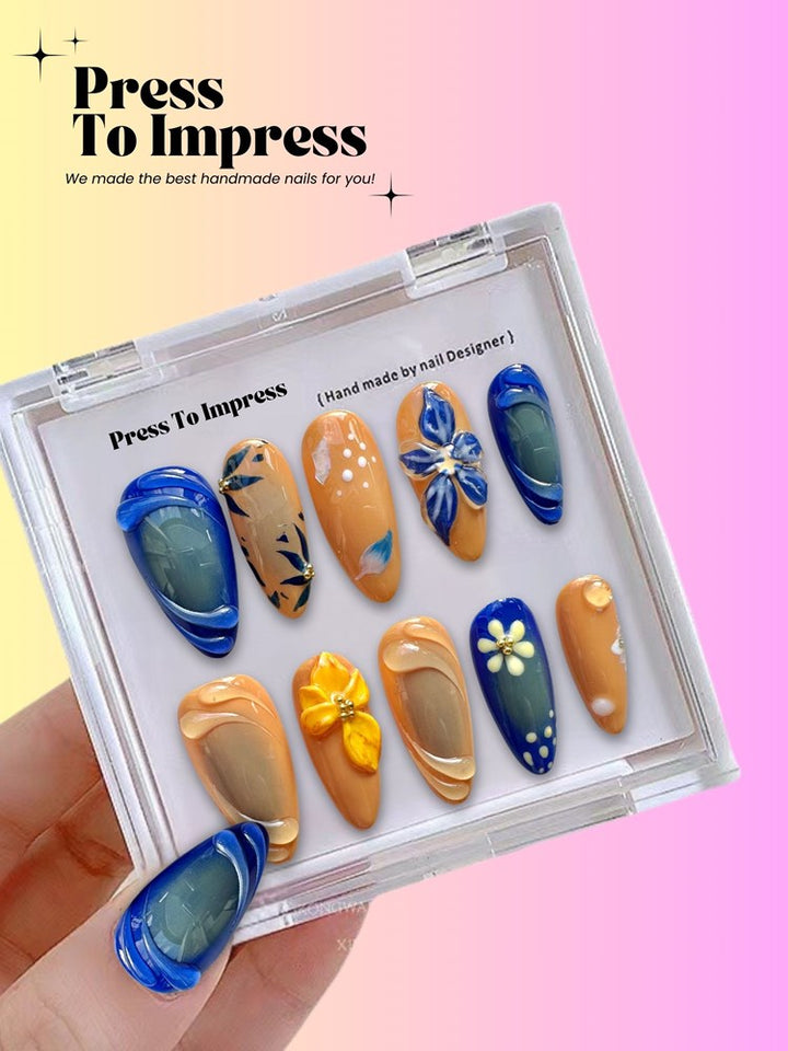 Santorini Bloom 3D Almond Handmade Press On Nails