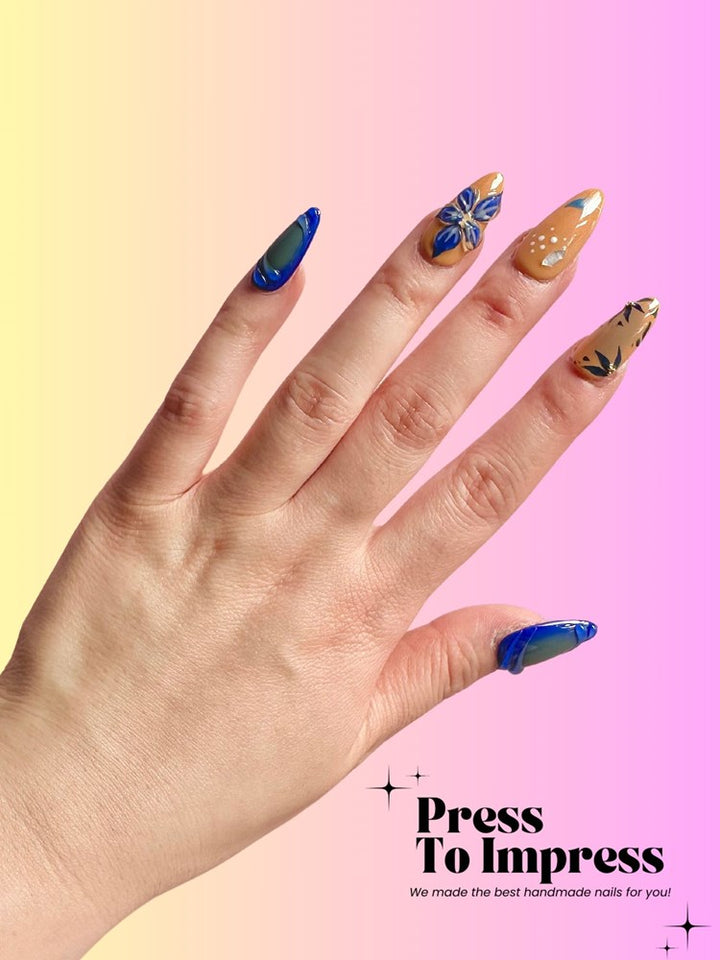 Santorini Bloom 3D Almond Handmade Press On Nails
