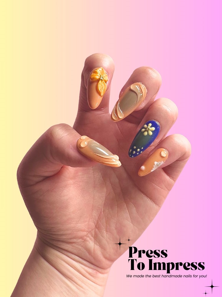 Santorini Bloom 3D Almond Handmade Press On Nails