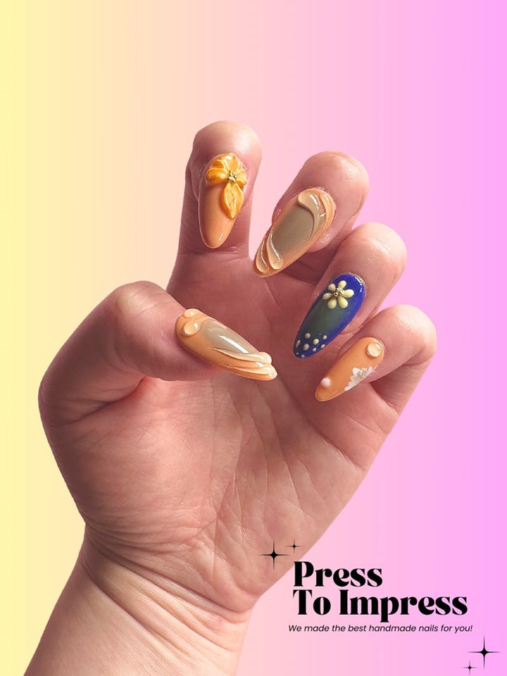 Santorini Bloom 3D Almond Handmade Press On Nails