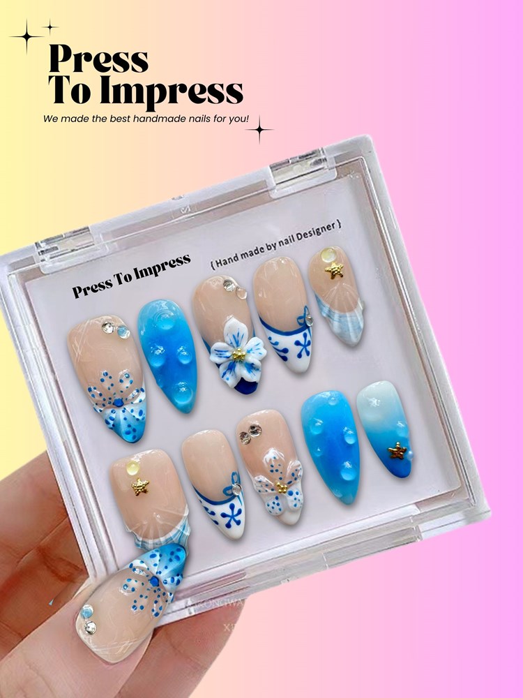 Coastal Charm 3D Almond Handmade Press On Nails